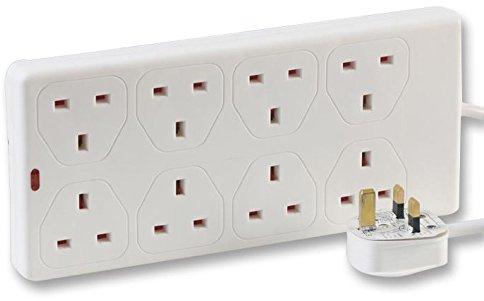 PRO ELEC 8 Gang Extension Lead 1m 13A UK Power Strip White | 8-gang extension lead with LED power indicator, wall-mount slots, 1m cable and 13A UK plug.