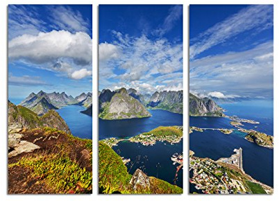 Paul Sinus Art 130x90cm – KUNSTDRUCK Lofoten Insel Norwegen Landschaftskulisse 3teiliges Wandbild auf Leinwand und Keilrahmen - Fotobild Kunstdruck Artprint