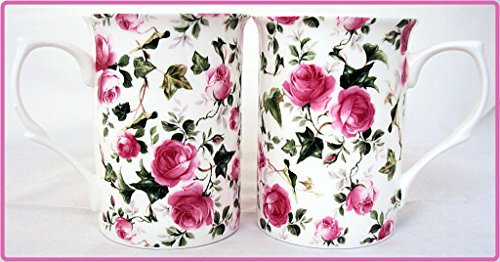 fromeuropewithlove Ivy Rose Mugs Set of 2 Fine Bone China Pink Roses Flowers Mugs Hand Decorated in the UK Free UK Delivery