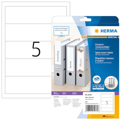 HERMA 5032 Einsteckrückenschilder für Ordner perforiert kurz breit, 25 Blatt, 190 x 54 mm, 5 pro A4 Bogen, 125 Stück, bedruckbar, matt, blanko Karton Einsteckschilder Rückenschilder, weiß