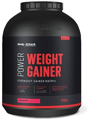 Body Attack Weight Gainer - Strawberry - 4,75 kg - Dein Mass Gainer für Masseaufbau & Muskelaufbau - Mit Whey Protein, BCAA und Kohlenhydraten - Dein fettarmer Masse Shake für hochwertige Kalorien