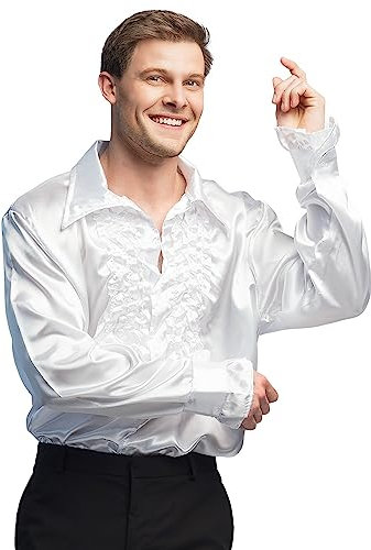 Boland - Chemise Disco avec froufrous, Blanc, pour hommes, Costume, Party Shirt, Schlagermove, années 70, Fête de thème, Carnaval