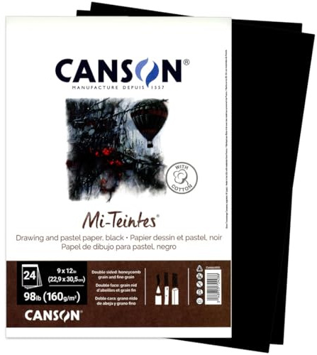 Canson Mi-Teintes Paper Pad, Dual Sided Textures for Pastels, Charcoals, Pencil, Fold Over, 98 Pound, 9 x 12 Inch, Black, 24 Sheets, 9X12 | Black, Foldover Pad, 24 Sheets (98lb/160g)