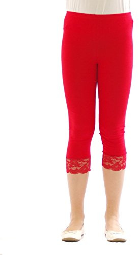 Mädchen Kinder Leggings Leggins Hose Capri 3/4 kurz mit Spitze Baumwolle Rot 134