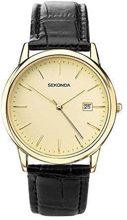 Sekonda Herren-Quarzuhr mit beigem Zifferblatt, Analoganzeige und schwarzem Lederband 3697.27