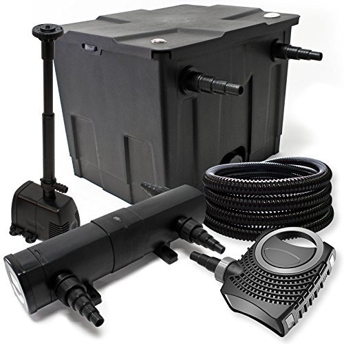 Wiltec Komplettset: CBF-350 Teichfilter bis 12000 L Teichfilteranlage, NEO10000 Teichpumpe 10000l/h 80W, CUV-236 Teichklärer 36W, 25m Teichschlauch 25 mm, HJ-943 Springbrunnen 800l/h 16W