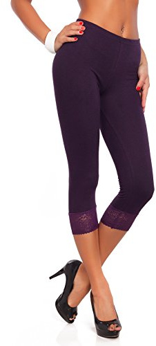 FUTURO FASHION Cropped 3/4 Lenght Cotton Leggings with Lace I Leg Side Floral Lace Capri Leggings I Sexy Summer Cropped Leggings I Sizes 8-22 UK Plum