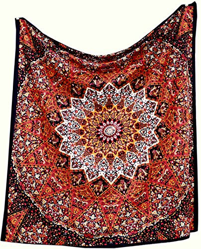Popular Handicrafts Hippie Kaleidoscopic Star Intricate Floral Design Indian Tapestry 84X90 Inches,(215Cmsx230Cms) Red Black by