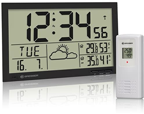 Bresser Wetterstation Funk mit Außensensor MyTime Jumbo LCD Wetter Wanduhr mit Außensensor und extra großen Ziffern für Tisch und Wandmontage, schwarz