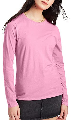 Hanes Women's Originals Long Sleeve Cotton T-Shirt, Lightweight Crewneck Tee, Modern Fit, Pink Swish, M
