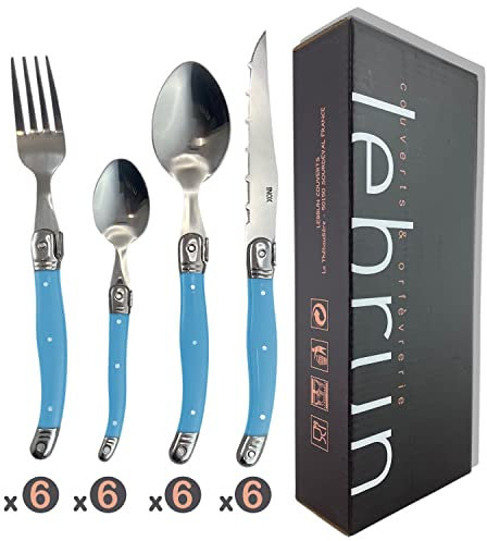 Lebrun Couverts - Laguiole Boite 24 Pièces - Set de Couverts en Acier Inoxydable - Ménagères pour 6 Personnes - Couteaux Steak, Fourchettes, Cuillères à soupe et Cuillères à Café