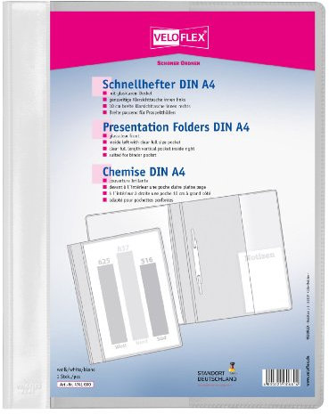 VELOFLEX 4741090 - Schnellhefter VELOFORM, 1 Stück, DIN A4, weiß, PVC, glasklarer Vorderdeckel, passend für Prospekthüllen