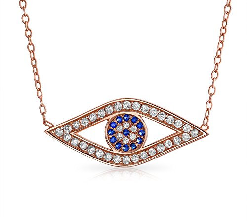 Turkish Blue Pave CZ Spiritual Protection Amulet Open Evil Eye Pendant Station Necklace For Women Teen Rose Gold .925 Sterling Silver