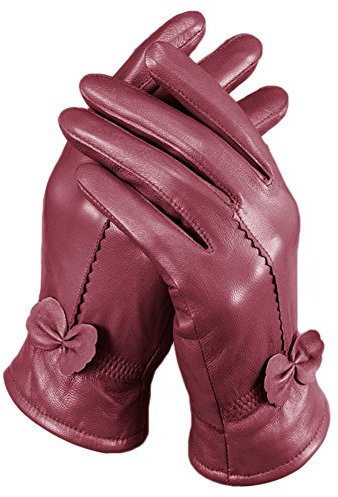 Butterme Luxury Ladies weichen Schaffell Lederhandschuhe mit Bowknot-Stich-Entwurf Fleece Futter PU Leder Fäustlinge Weinrot
