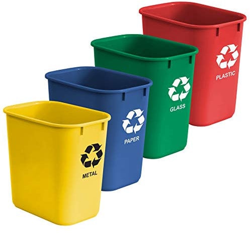 Acrimet Papelera para Reciclaje, 6.75 galones / 27 cuartos / 24 litros (Hecha de Plástico) (Metal/Amarillo, Papel/Azul, Vidrio/Verde, Plástico/Rojo) (Conjunto de 4)