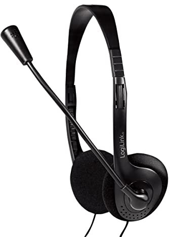 LogiLink HS0001 - Stereo Headset Leichtgewicht mit drehbarem Mikrofonarm und Lautstärkeregelung am Kabel, ideal für Home Office, Facetime, Videochat, Schwarz