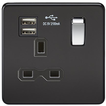 Knightsbridge SFR9901MB Screwless 13A 1G Switched Socket with Dual USB Charger-Matt Black W/Chrome Rocker