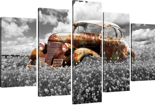 Kunstlab Rostiger Oldtimer Bild auf Leinwand Auto Leinwandbild Wiese Wandbild - 175x100 cm 5-Teilig: Schwarz-Weiss