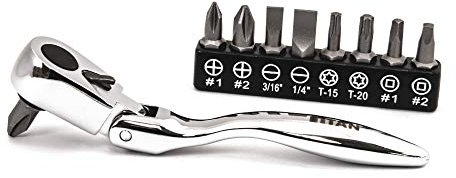 Titan 11212 Flex-Kopf gekröpfter Mikro-Ratschen-Bit-Treiber und Bit-Set, 10,4 cm