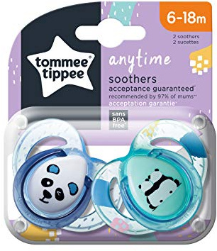 Tommee Tippee Anytime, symmetrischer Schnuller, Silikon, 2er Set, 6-18 Monate, BPA-frei, variierende Designs