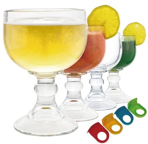 Chefcaptain Margarita Glass Schooner- 21.5 Oz Set of 4 Extra Large Goblet With Clips ZERO LEAD Crystal Style Shrimp Cocktail, Coronaritas, Margaritas Set Of 4 With 4 Color Clips
