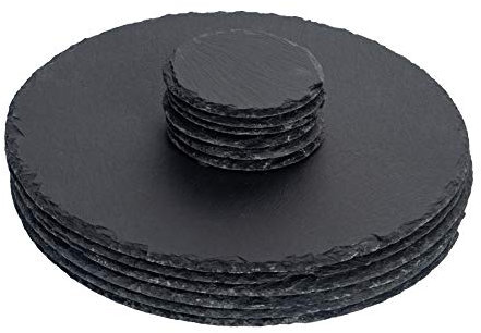 Argon Tableware 12 Piece Round Slate Placemats & Coasters Set - Black Natural Stone Dinnerware Plate Placemats Drink Mats for Kitchen, Home, Bar, Restaurant, Weddings, Events