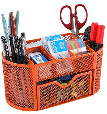 Schreibtisch-Aufbewahrungskorb, Drahtgeflecht, für das Büro, multifunktional, Aufbewahrungslösung, Stifte-/Bleistift-Halter orange