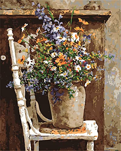 CaptainCrafts Paint by Numbers, Painting by Number Kits for Adult DIY Oil Painting 16x20 Inch House Art Deco Crafts (Wild Flowers Pots Chair, Frameless)