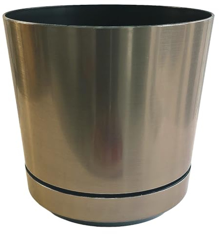 KERD Très Grand Pot de Fleurs, Acier Brossé 32 cm, Style Industriel, avec Drainage, Plastique 100% Recyclé