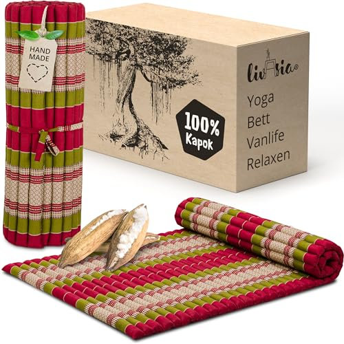 livasia Rollmatte Rollmatratze L breit bequem - 200x110x4,5cm - Gästebett Gästematratze 1 Person, Reisebett Kofferraum outdoor, Thaimatte Kapok Garten Balkon handgefertigt (Rot/Grün)