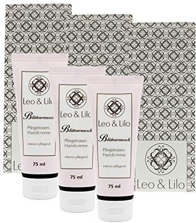 3er-Geschenkset Blütenrausch Pfingstrosen-Handcreme 75 ml jeweils mit Geschenkverpackung von Leo & Lilo für trockene und strapazierte Hände.
