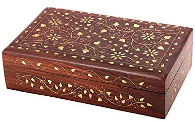 Ajuny Hand Carved Wooden Decorative Jewelry Storage Box with Floral Carvings Design Brass Inlay Keepsake Travel Treasure Chest Trinket Holder Organiser Great Gifts