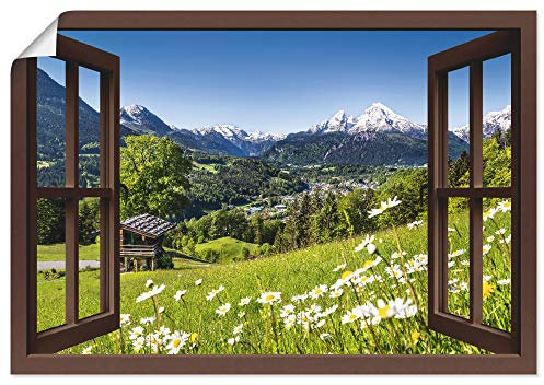 ARTLAND Wanddeko Poster & Kunstdrucke Wandposter 130x90 cm Fensterblick Fenster Alpen Landschaft Berge Wald Gebirge Wiese Natur T5TP