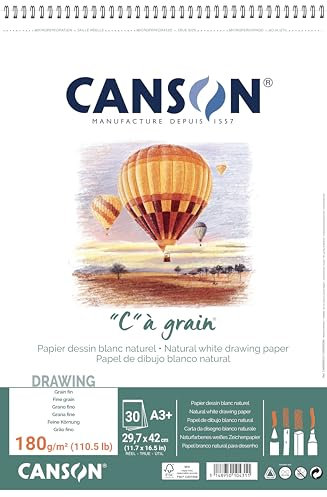 Canson 400060625 C a grain-leicht gekörnt Zeichenpapier, 180 g/qm, A3+, 30 Blatt pro Block Spirale an der kurzen Seite, 297 x 445 mm, weiß