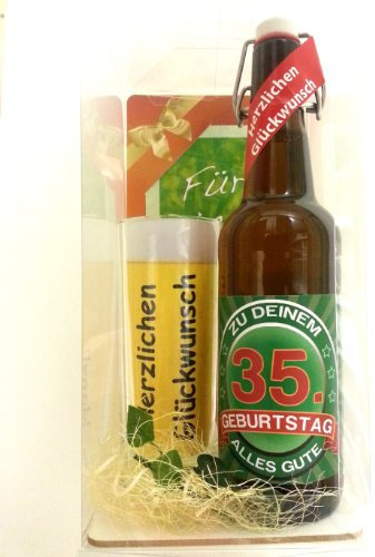 SünGross Geschenk Set, Bierset Bier Geschenk zum 35. Geburtstag das bei Frau und Mann Immer gut ankommt, Bierflasche mit Etikett, Glas Bierkrug und Geschenk Postkarte