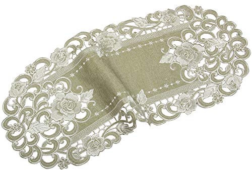 Quinnyshop Rosen Tischläufer/Tischdecke Leinen-Optik Grün-Beige mit Blumen Stickerei - Größe wählbar (ca. 40 x 90 cm Oval)