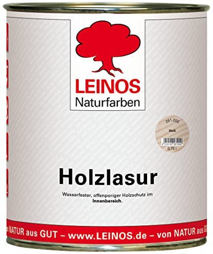 LEINOS 261 Holzlasur für Innen 202 Weiß – natürliche, atmungsaktive Lasur auf Wasserbasis für Möbel, Decken und Holzflächen im Innenbereich, offenporig, lösemittelfrei, geruchsarm, 0,75 Liter