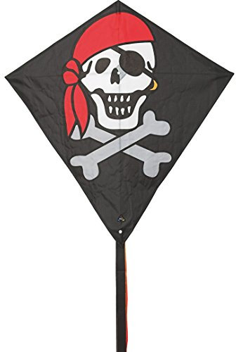 HQ Eddy Jolly Roger Kinderdrachen Drachen Flugdrachen Einleiner Drachen zum steigen Lassen wenig Wind ab 5 Jahre 68x68cm und 200cm Drachenschwanz inkl. 17kp Polyesterschnur 40m auf Spule 2-5Beaufort