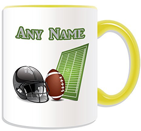 Taza de fútbol americano (diseño deportivo, opciones de color) – cualquier nombre/mensaje en su taza única – Gridiron Rugby Super Bowl AFL NFL, cerámica, Amarillo