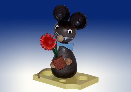 Rudolphs Schatzkiste Ganzjahresdekoration Maus auf Käse mit Blumentopf Höhe 7cm NEU Figur Frühling Seiffen Erzgebirge Holz Rauchfigur Dekoration Weihnachten Deko