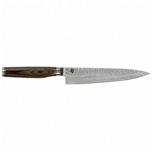 KAI Shun Premier Tim Mälzer japanisches Allzweckmesser 16,5 cm Klingenlänge - VG-MAX Kern 61 HRC, 32 Lagen Damast hochglanzpoliert - Pakkaholz mittelbraun - Hammerschlagoberfläche - Made in Japan
