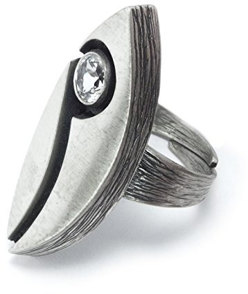Nord-Form Damenring - Mandelförmig in 925/ Silber mit Echt Bergkristall Größenverstellbar
