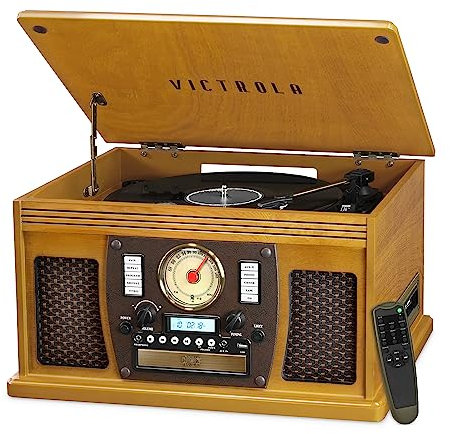 Victrola Nostalgic Aviator Wood 8-in-1 Bluetooth Turntable Entertainment Center, Oak