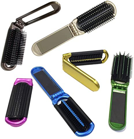 ALAZCO 2 Assorted Colors Folding Hair Brush With Mirror Compact Pocket Size Travel Car Gym Bag Purse Locker Swimming Camping Sleepover Gift and more