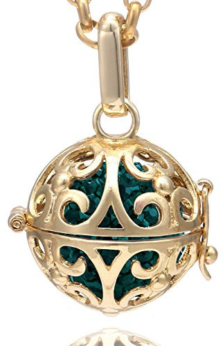 Morella Damen Halskette Edelstahl Gold 70 cm mit Ornament Anhänger und Klangkugel dunkelgrün Ø 16 mm in Schmuckbeutel