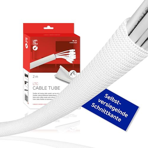 LABEL THE CABLE® 2m - 25mm (für 6-10 Kabel) Kabelschlauch Weiß Selbstschließend, Kabelkanal flexibel, Kabelschutz Katze Hund, Kabel verstecken PC, Kabelmanagement Schreibtisch höhenverstellbar