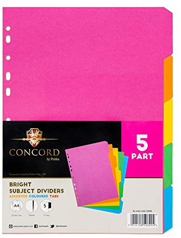 Concord 50699 Bright Subject Dividers Europunched 5-Part A4 Assorted,Black & White