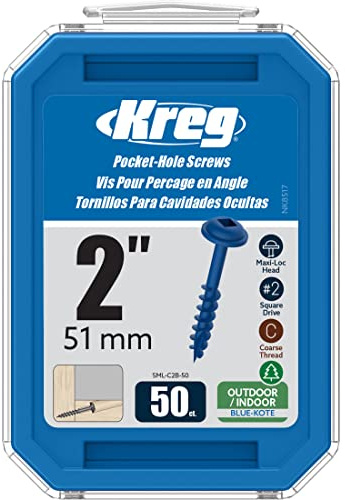 Kreg SML-C2B-50 Blue Kote Weather-Resistant Pocket Screws, 2 Inch #8 Coarse Thread, Maxi-Loc Head (50 Count)