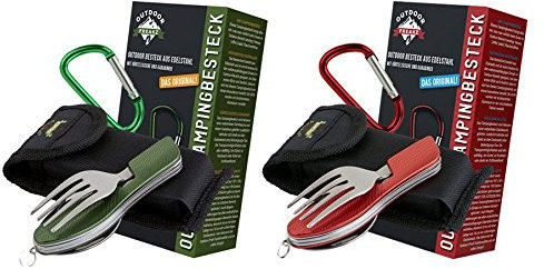 OUTDOOR FREAKZ Cubiertos para cámping Plegable - Vajilla de Exteriores de Acero Inoxidable con Bolsa de Neopreno (2pack: Red & Green)