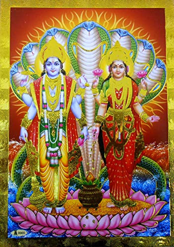 Crafts of India Poster Lord Vishnu Lakshmi stehend auf Lotus, Nachdruck, Hindu-Gott, Bild mit goldener Folie (ungerahmt: Größe 12,7 x 17,8 cm)